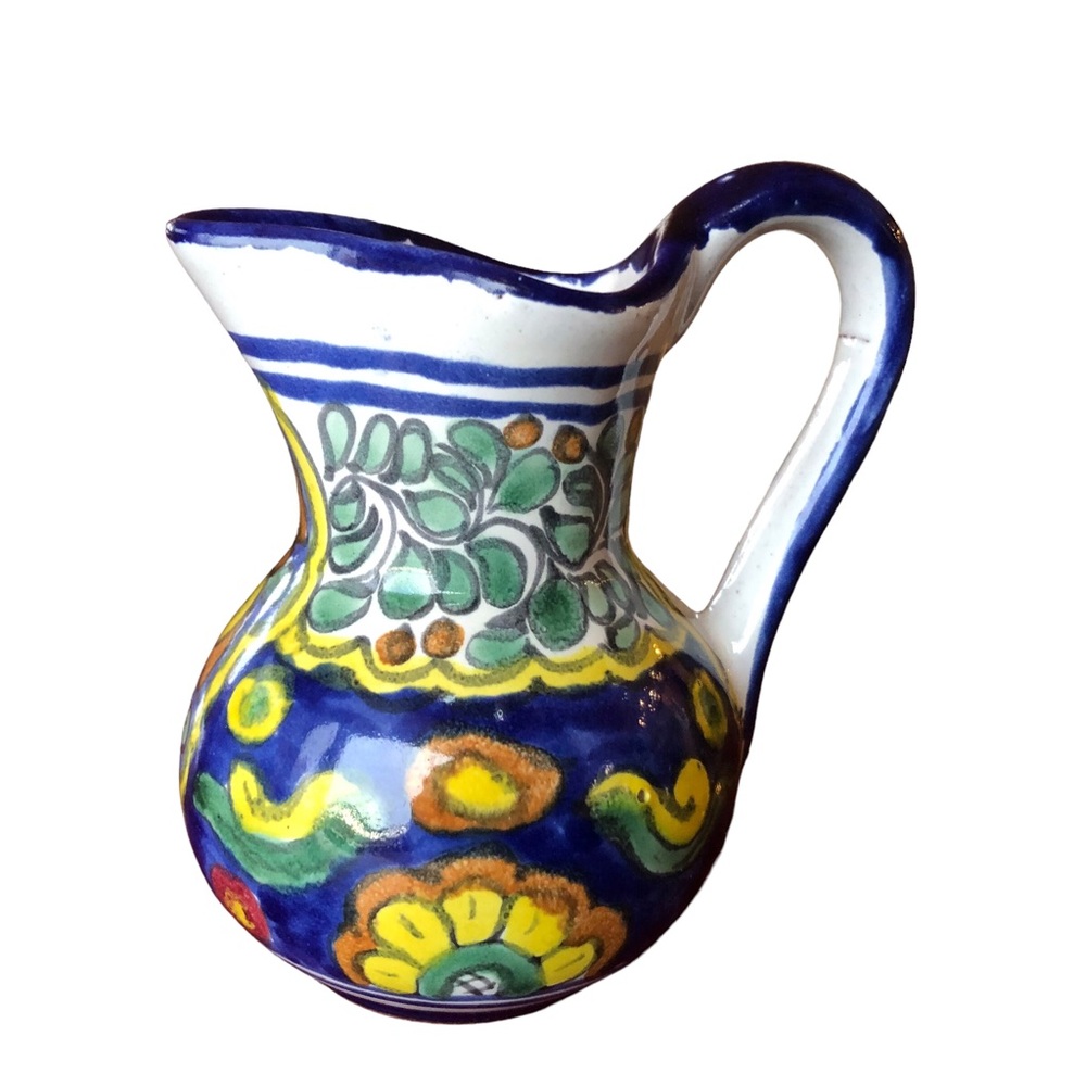 Talavera Small Pitcher Creamer Jug Cobalt Blue Red Clay 5” Floral Fruit Folk Art